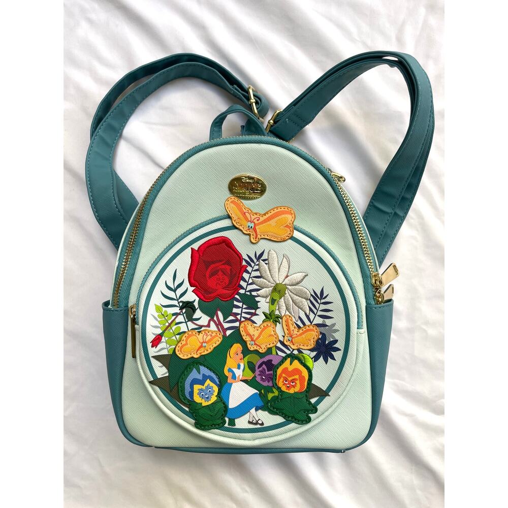NWOT Disney Alice in Wonderland Singing Flowers Mini Backpack Teal Blue